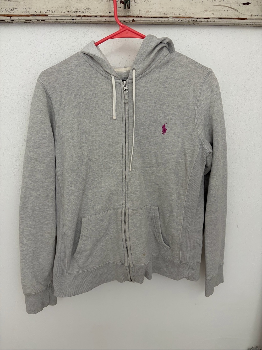 Ralph Lauren Light Gray Zip-Up Hoodie with Pink Pony
